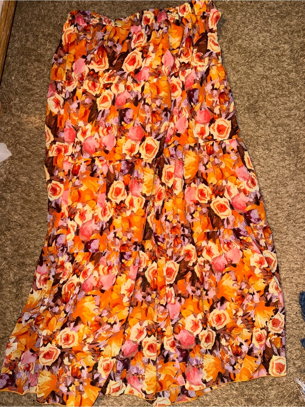 SHEIN Orange Pink Floral Tiered Maxi Skirt